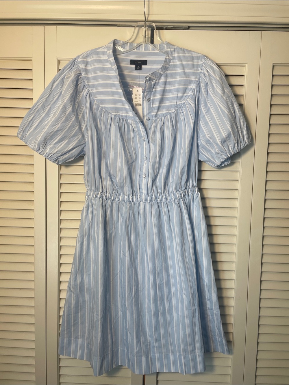 NWT J. Crew Puff Sleeve Cotton Poplin shirt dress Sz M Lake Stripe pockets